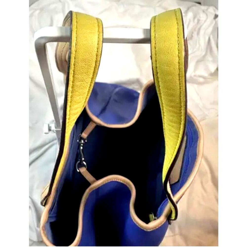 Coach Blue Leather Tote Bag Tan Trim Yellow Accent Shoulder Handbag - Picture 6 of 7